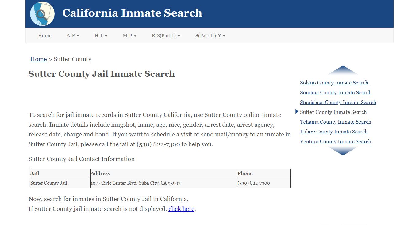 Sutter County Jail Inmate Search